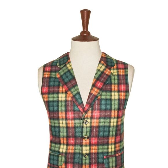 Mens 46R Wool Vest Green Red Yellow Tartan Plaid Waistcoat Preppy Formal Casual - Picture 3 of 8